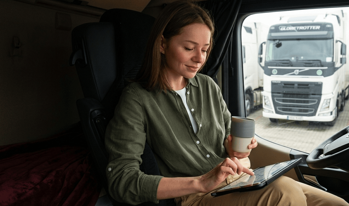 A digital nomad working remotely from a vehicle cab, demonstrating how technology enables professional RV travel.