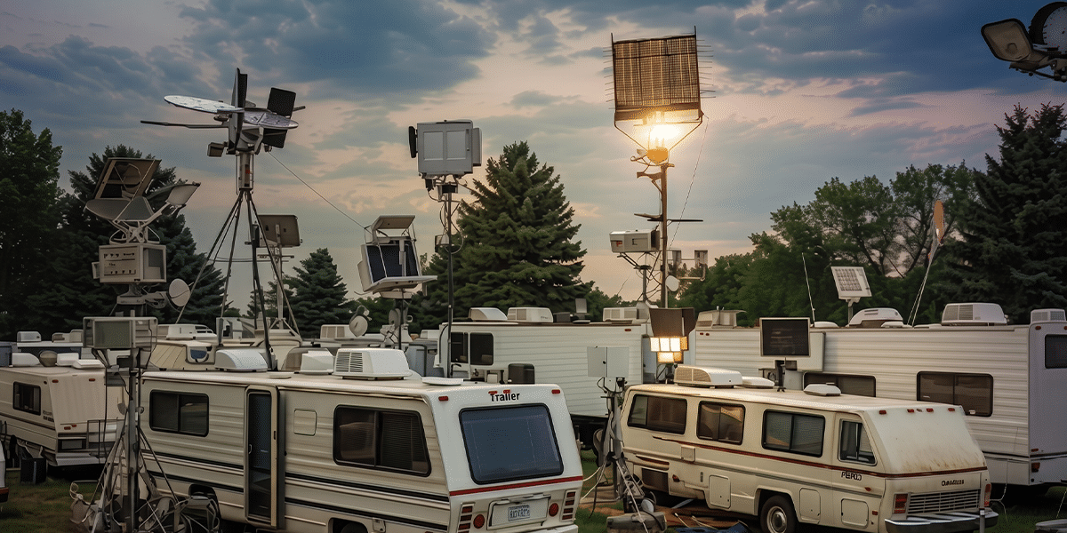 RVs parked at a campground surrounded by satellite dishes, antennas and Wi-Fi equipment at dusk