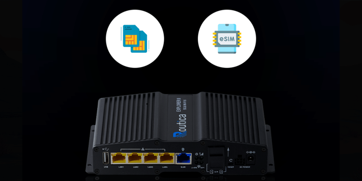 Routica Explorer II Wireless Gateway Router with dual physical SIM and eSIM support icons