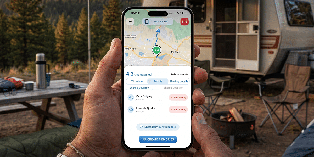Hand holding a phone showing Routica Mobile App Trip Sharing with a live route map at an RV campsite